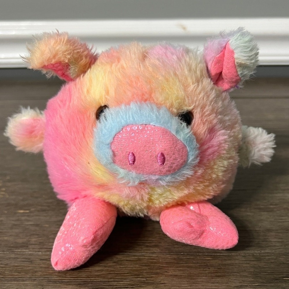 MTY International Tie Dye Pig Plush Stuffed Animal Round Colorful Pink Blue Toy